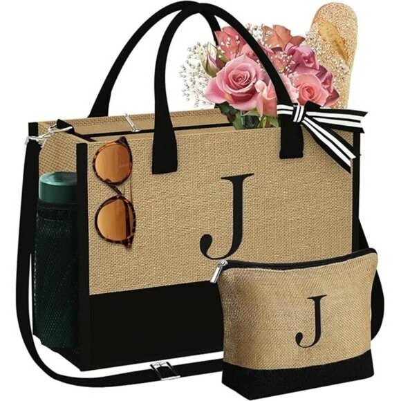 Valentines Day Gifts Initial Jute Tote Bag & Makeup Bag Birthday Hand Wash - Picture 7 of 7